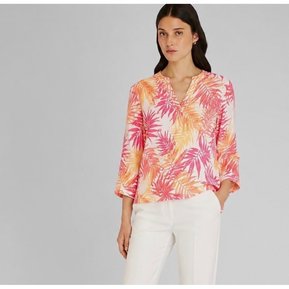 J. Jill Womens XL Pink Orange Tropical Palm Leaf 100% Linen Split Neck Tunic Top